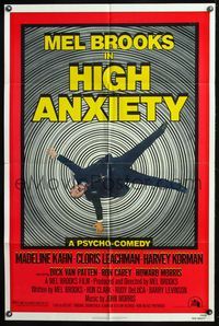6y339 HIGH ANXIETY 1sh '77 Mel Brooks, great Vertigo spoof design, a Psycho-Comedy!