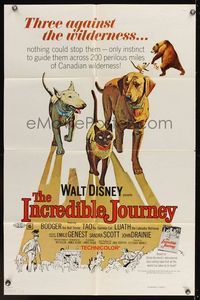 6y379 INCREDIBLE JOURNEY 1sh R74 Disney, art of Bull Terrier, Siamese cat & Labrador Retriever!