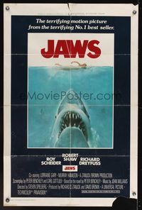 6y400 JAWS int'l 1sh '75 art of Steven Spielberg's classic man-eating shark attacking sexy swimmer!