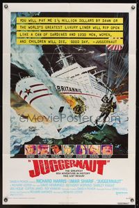 6y414 JUGGERNAUT 1sh '74 Richard Harris, art of ocean liner under attack by Bob McCall!