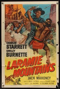 6y445 LARAMIE MOUNTAINS 1sh '52 art of Charles Starrett & Smiley fighting Native Americans!