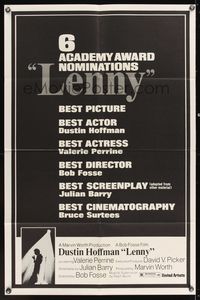 6y465 LENNY awards 1sh '74 silhouette image of Dustin Hoffman as comedian Lenny Bruce at microphone!