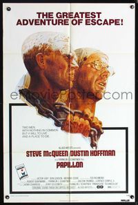 6y645 PAPILLON 1sh '73 great art of prisoners Steve McQueen & Dustin Hoffman by Tom Jung!