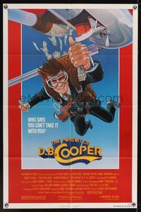 6y685 PURSUIT OF D.B. COOPER 1sh '81 cool Sky-Diving with fistful of money artwork by Noble!