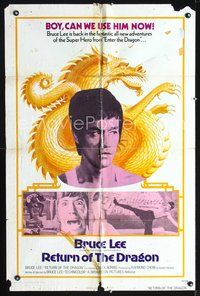6y702 RETURN OF THE DRAGON 1sh '74 Bruce Lee classic, great image of Lee performing kick!