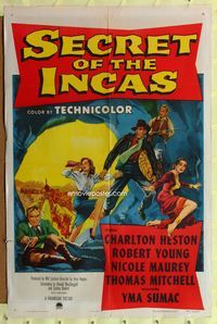 6y743 SECRET OF THE INCAS 1sh '54 Charlton Heston in South America, Robert Young!