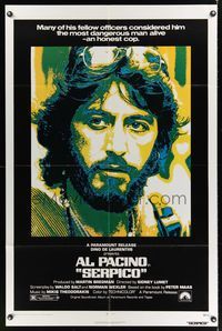 6y754 SERPICO 1sh '74 cool close up image of Al Pacino, Sidney Lumet crime classic!