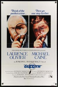 6y785 SLEUTH 1sh '72 close-ups of Laurence Olivier & Michael Caine with magnifying glasses!
