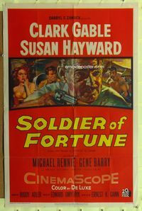 6y792 SOLDIER OF FORTUNE 1sh '55 art of Clark Gable shooting gun, plus sexy Susan Hayward!