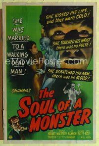 6y797 SOUL OF A MONSTER 1sh '44 blood-chilling horror, cool art of zombie attacking!