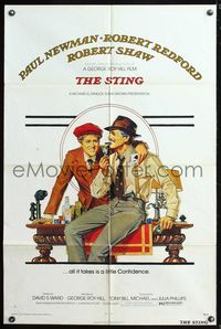 6y821 STING 1sh '74 best artwork of con men Paul Newman & Robert Redford by Richard Amsel!