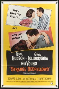 6y823 STRANGE BEDFELLOWS 1sh '65 Gina Lollobrigida & Rock Hudson love to fight, but not at night!