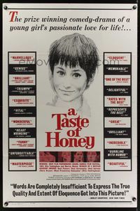 6y857 TASTE OF HONEY style A reviews 1sh '62 Tony Richardson, Tushingham's passionate love for life!