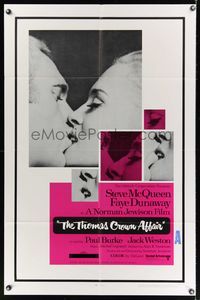 6y871 THOMAS CROWN AFFAIR 1sh '68 best kiss close up of Steve McQueen & sexy Faye Dunaway!
