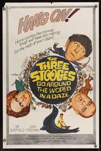 6y876 THREE STOOGES GO AROUND THE WORLD IN A DAZE 1sh '63 wacky art of Moe, Larry & Curly-Joe!