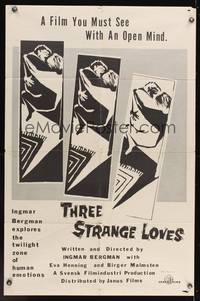 6y877 THREE STRANGE LOVES 1sh R61 Ingmar Bergman's Torst, Eva Henning, great silhouette art!