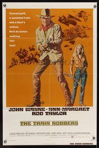 6y894 TRAIN ROBBERS 1sh '73 great full-length art of cowboy John Wayne & sexy Ann-Margret!