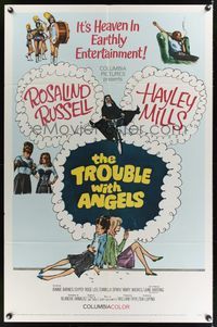6y903 TROUBLE WITH ANGELS 1sh '66 art of Hayley Mills on bike with nun Rosalind Russell!