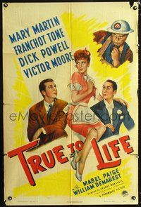 6y905 TRUE TO LIFE style A 1sh '43 art of sexy redhead Mary Martin, Dick Powell & Franchot Tone!