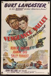 6y932 VENGEANCE VALLEY 1sh '51 art of Burt Lancaster holding Joanne Dru & pointing gun!