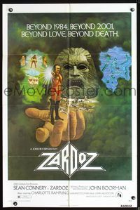 6y995 ZARDOZ 1sh '74 fantasy art of Sean Connery, who has seen the future and it doesn't work!