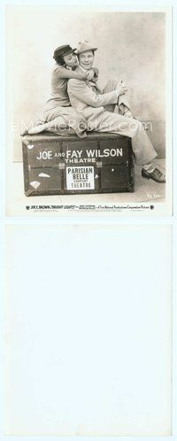 7b203 BRIGHT LIGHTS 8x10 still '35 Ann Dvorak hugging Joe E. Brown on theater trunk!