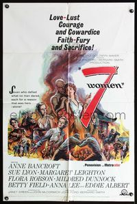 7d016 7 WOMEN 1sh '66 directed by John Ford, Anne Bancroft, Sue Lyon, art of top stars!