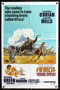 7d026 AFRICA - TEXAS STYLE 1sh '67 art of Hugh O'Brien lassoing zebra by stampeding animals!