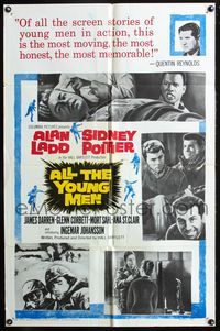 7d033 ALL THE YOUNG MEN 1sh '60 Alan Ladd & Sidney Poitier deal with race relations in Korean War!