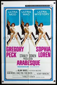 7d051 ARABESQUE 1sh '66 Gregory Peck, sexy Sophia Loren, ultra mod, ultra mad, ultra mystery!
