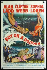 7d109 BOY ON A DOLPHIN 1sh '57 art of Alan Ladd & sexiest Sophia Loren swimming underwater!