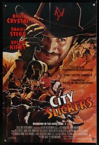 7d174 CITY SLICKERS advance 1sh '91 great Alvin artwork of cowboys Billy Crystal & Daniel Stern!