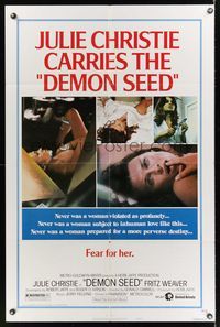 7d221 DEMON SEED style B 1sh '77 Julie Christie is profanely violated by a demonic machine!