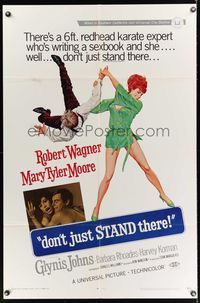 7d243 DON'T JUST STAND THERE 1sh '68 wacky art of sexiest Barbara Rhoades throwing Robert Wagner!