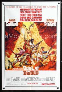 7d252 DUEL AT DIABLO 1sh '66 really cool art of Sidney Poitier & James Garner surrounded!