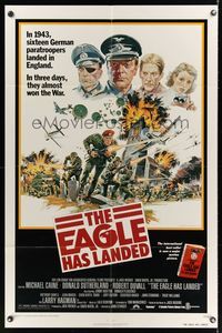 7d257 EAGLE HAS LANDED white 1sh '77 cool art of Michael Caine in World War II by Robert Tanenbaum!