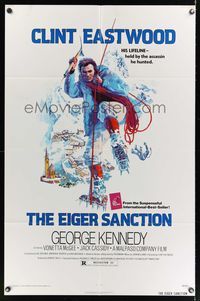 7d261 EIGER SANCTION 1sh '75 Clint Eastwood's lifeline was held by the assassin he hunted!