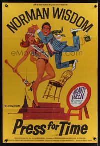 7d753 PRESS FOR TIME English 1sh '66 Norman Wisdom, wacky art from English comedy!