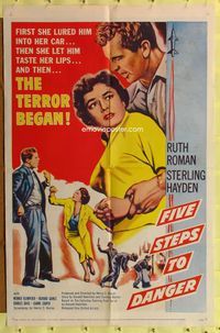 7d308 FIVE STEPS TO DANGER 1sh '57 great artwork of Sterling Hayden handcuffed to Ruth Roman!