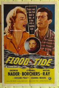 7d313 FLOOD TIDE 1sh '58 their love lived in fear of a boy with a twisted hate!