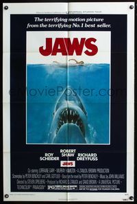 7d472 JAWS 1sh '75 artwork of Steven Spielberg's classic man-eating shark attacking sexy swimmer!
