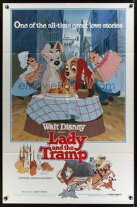 7d506 LADY & THE TRAMP 1sh R80 Walt Disney romantic canine dog classic cartoon!