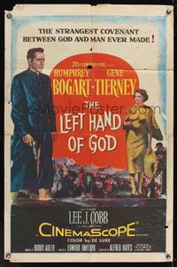 7d523 LEFT HAND OF GOD 1sh '55 artwork of priest Humphrey Bogart holding gun + sexy Gene Tierney!