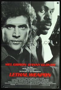 7d530 LETHAL WEAPON advance 1sh '87 great close image of cop partners Mel Gibson & Danny Glover!