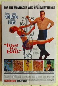 7d560 LOVE IS A BALL style B 1sh '63 full-length Glenn Ford & Hope Lange in sexy bikini!