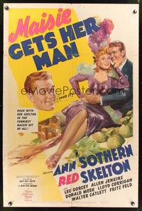 7d573 MAISIE GETS HER MAN 1sh '42 artwork of sexy Ann Sothern & Red Skelton on pile of money!