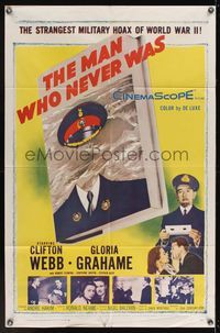 7d589 MAN WHO NEVER WAS 1sh '56 Clifton Webb, Gloria Grahame, strangest military hoax of WWII!