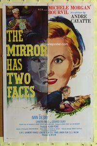 7d630 MIRROR HAS TWO FACES 1sh '58 cool artwork of two-faced Michele Morgan!