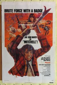 7d634 MITCHELL 1sh '75 art of Joe Don Baker in title role with harpoon!