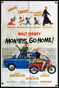 7d638 MONKEYS GO HOME 1sh '67 Disney, art of Maurice Chevalier, Yvette Mimieux & apes!